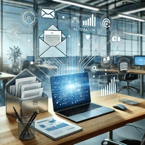 A-modern-office-workspace-with-digital-elements-to-represent-automation-and-document-management.-The-scene-shows-a-sleek-desk-setup-with-digital-documents-floating-o